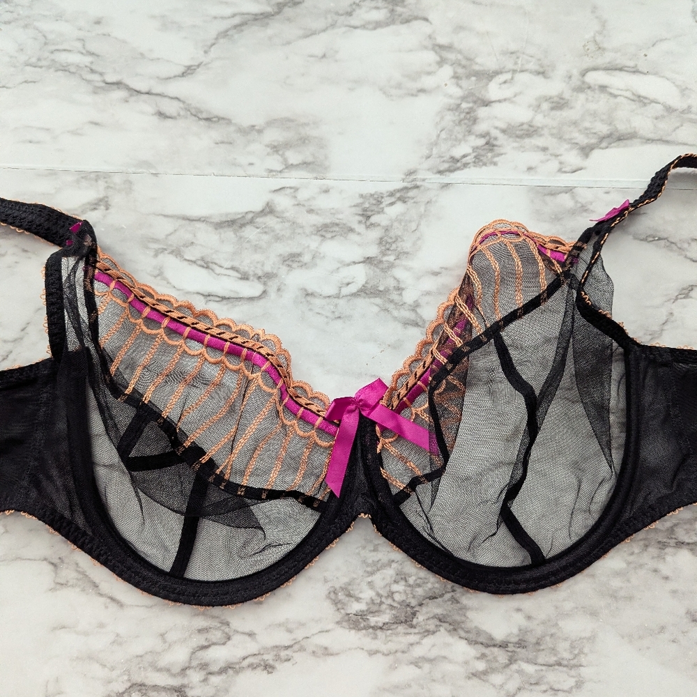 Freya Arabella Plunge Bra Freya AA5721NR Sheer Black with Orange & Pink size 36I